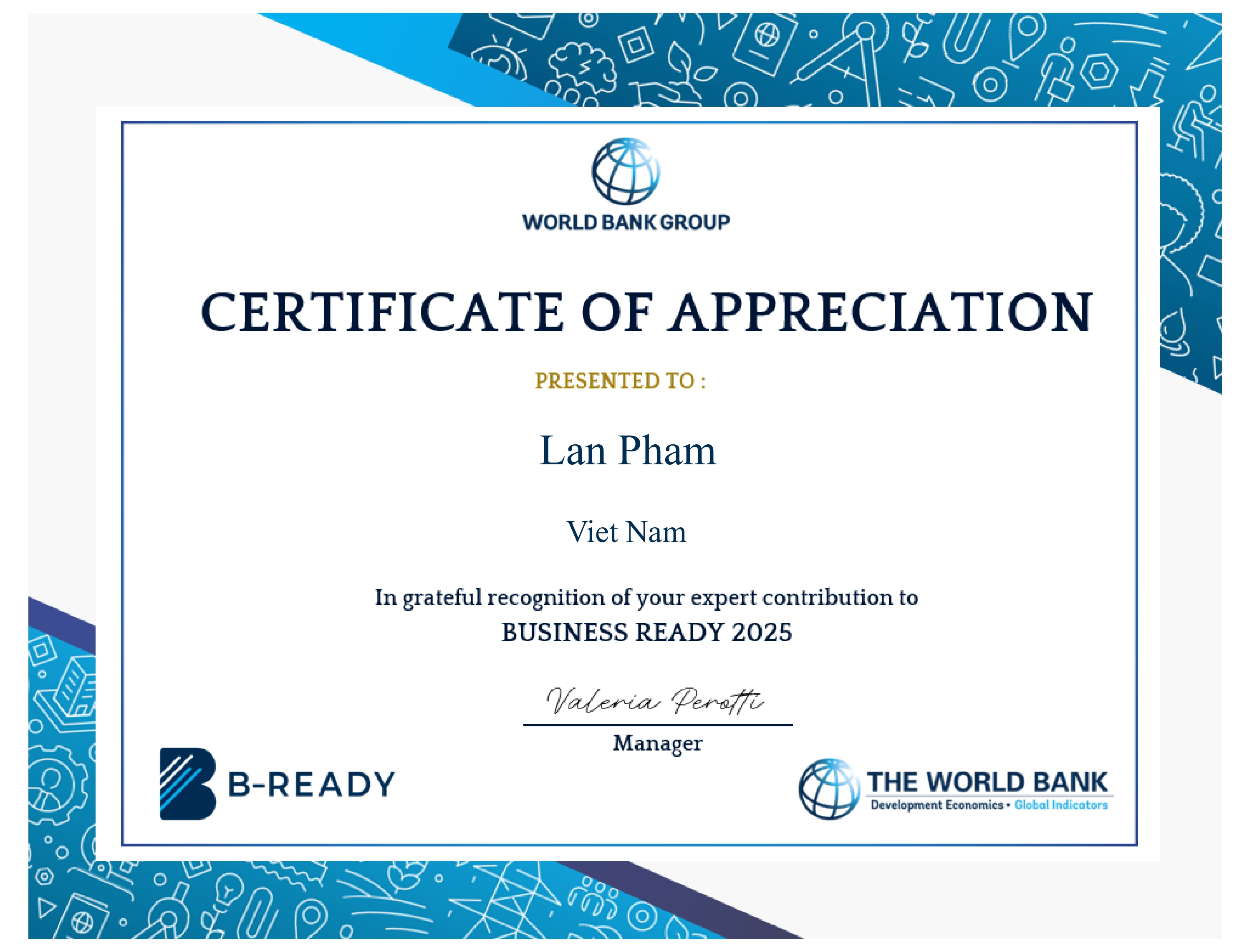 World Bank Certificate of Appreciation for Ms. Pham Thi Thanh Lan