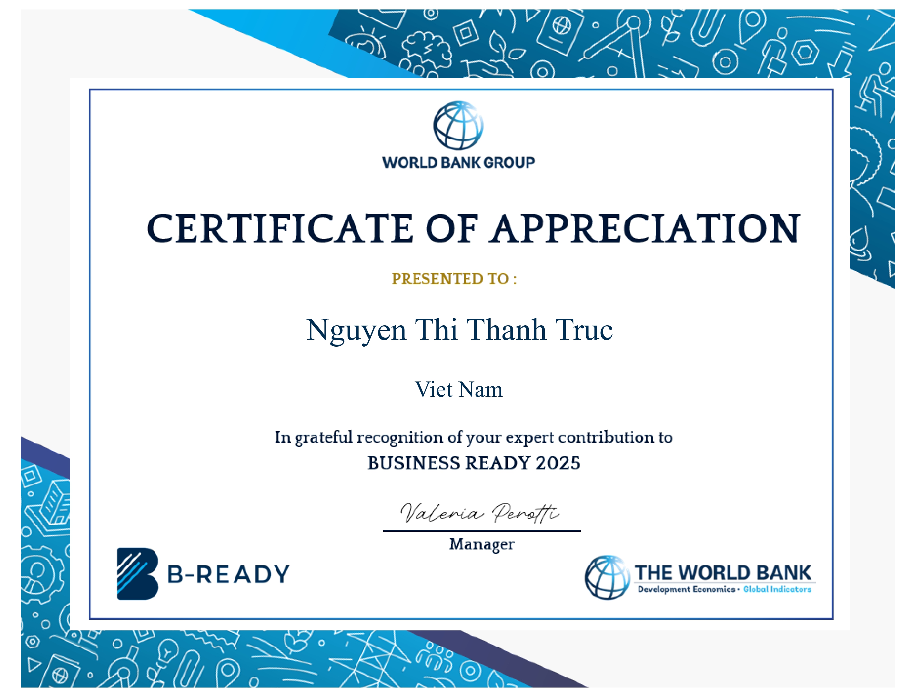 World Bank Certificate of Appreciation for Ms. Nguyen Thi Thanh Truc