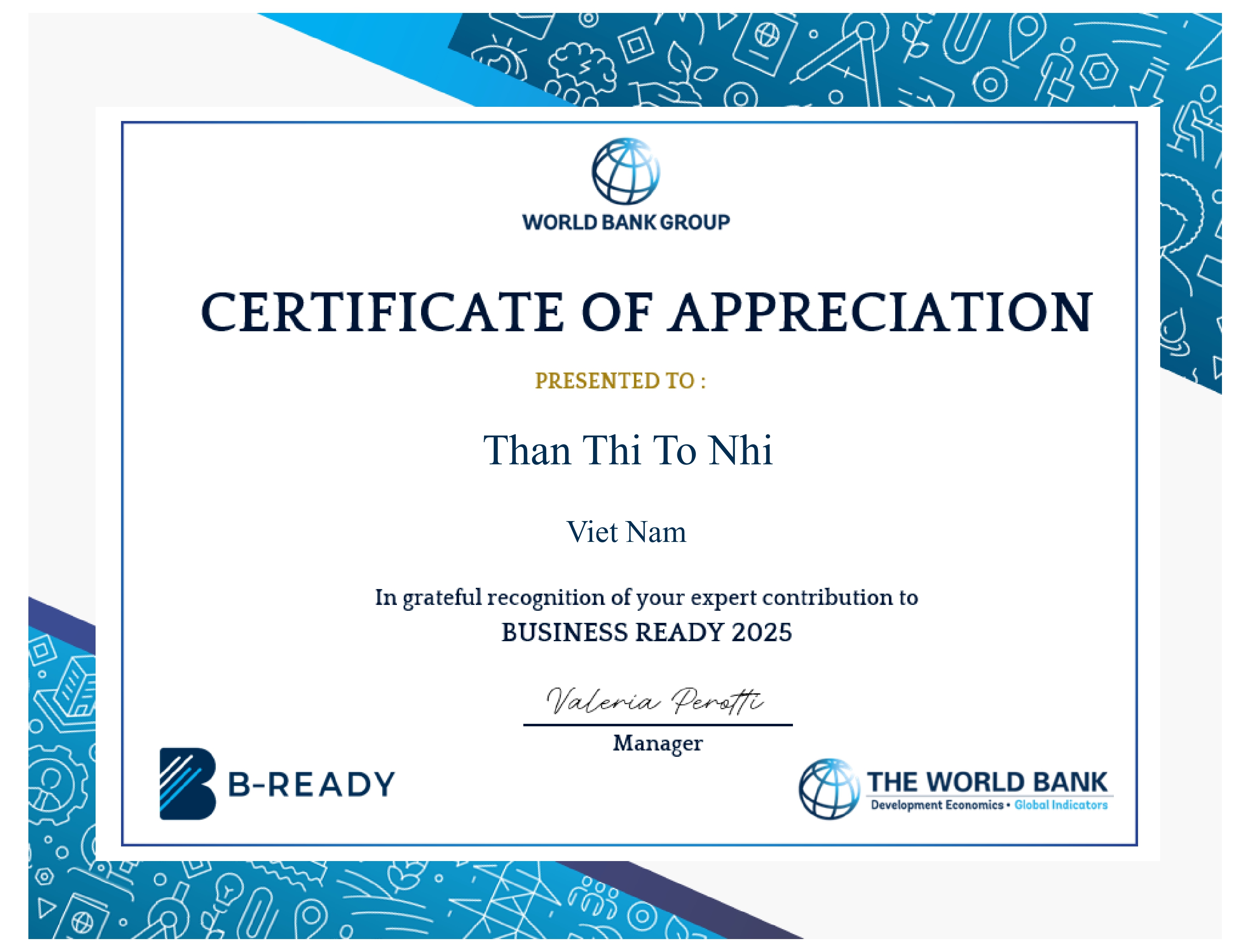 World Bank Certificate of Appreciation for Ms. Than Thi To Nhi